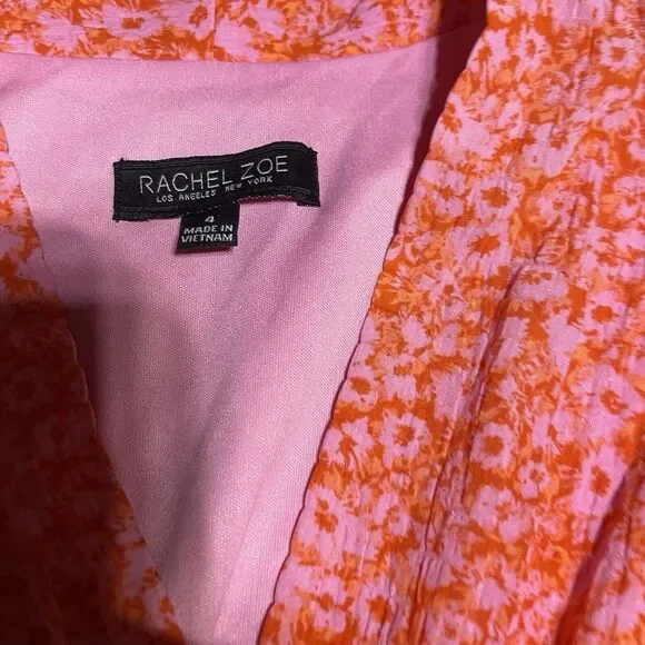 Rachel Zoe Dress Womens 4 Pink Orange Floral Tiered Faux Wrap Ruffle Beach - Picture 4 of 8